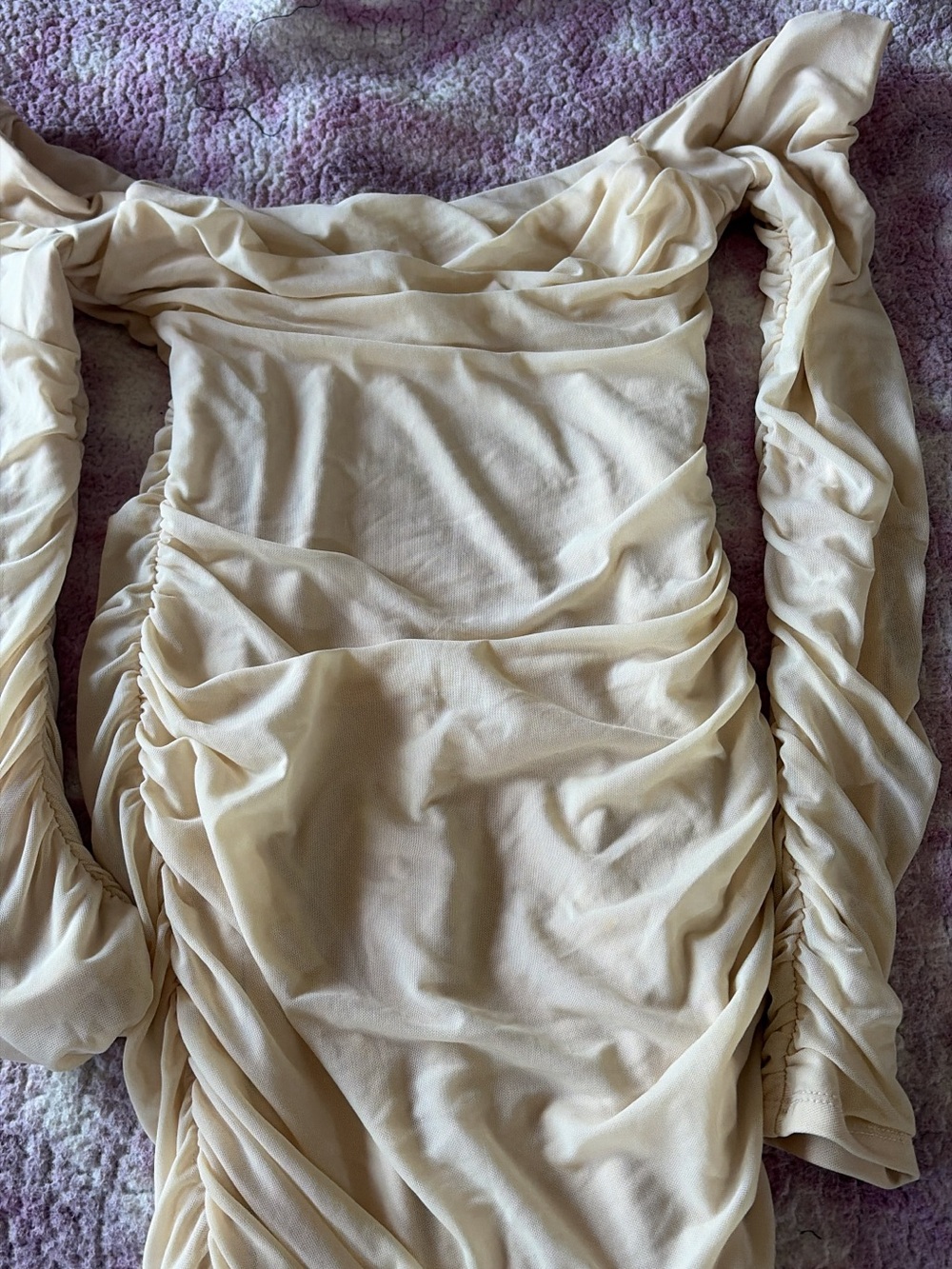 Oh Polly Cream Ruched Long-Sleeve Bodycon Dress